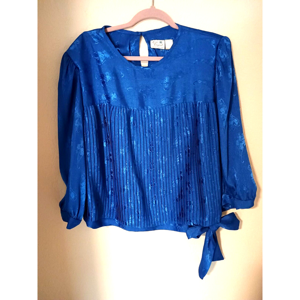 Vintage Lorac Lady Carol Royal Blue Silky Poly Pleated Side Tie Blouse Top XL